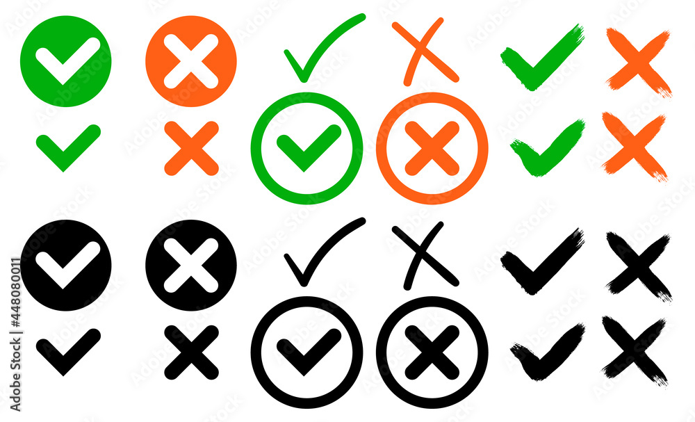 Aufkleber check and wrong icons set of check marks. green tick, red cross, black tick and cross. vector icons.