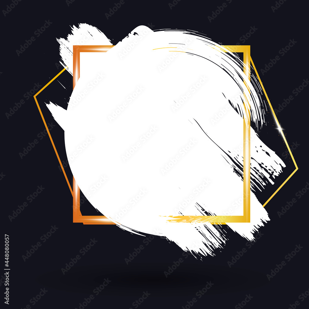 Poster hand drawn white brush strokes and gold square frame. abstract vector background.