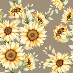 hand drawn watercolor sunflower seamless pattern