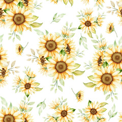 Naklejka na ściany i meble hand drawn watercolor sunflower seamless pattern