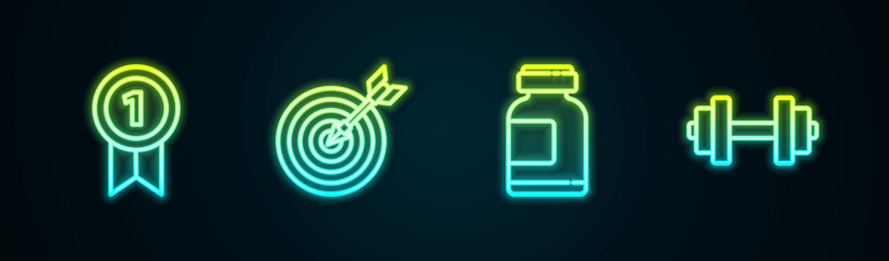 Set line Medal, Target with arrow, Sports nutrition and Dumbbell. Glowing neon icon. Vector