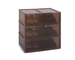 Brown shoe boxes with shoes isolated on white background