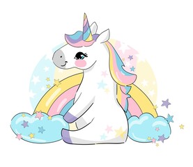 Hand drawn cute Unicorn horse and rainbow with cloud and stars Childish print Trend vector illustration