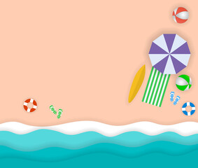 Top view beach background with umbrellas, balls, swim ring, surfboard, sandals and sea.