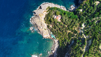 Amalfi coast from Punta Campanella near Sorrento. Amazing aerial view from drone in summer season.