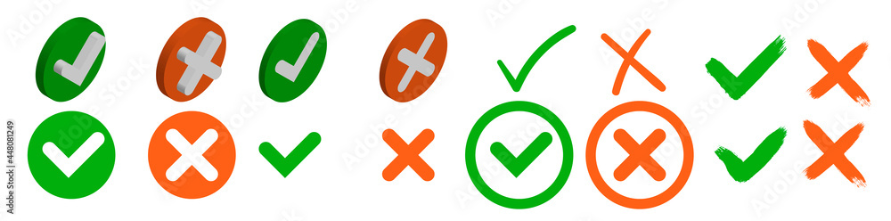 Fototapete check and wrong icons set of check marks. green tick, red cross, black tick and cross. vector icons.
