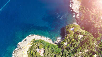 Amalfi coast from Punta Campanella near Sorrento. Amazing aerial view from drone in summer season.