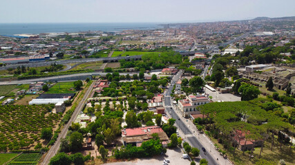 Pompei, Italy. Aerial view of old city from a drone viewpoint in summer season.