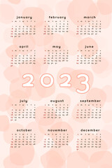 2023 coral pink calendar template. Vertical format orange abstract background with hand drawn spot blob blot. Calendar design for print and digital. Week starts on Sunday