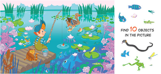 The boy is fishing. Find 10 hidden objects in the picture. Hidden objects puzzle. Funny cartoon character. Vector illustration. Set 