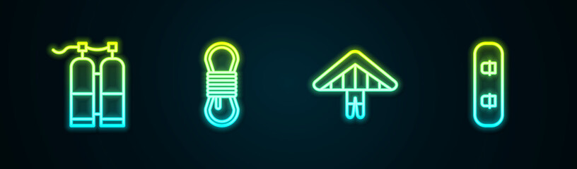 Set line Aqualung, Climber rope, Hang glider and Snowboard. Glowing neon icon. Vector