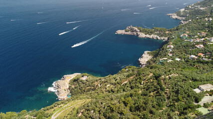 Amalfi coast from Punta Campanella near Sorrento. Amazing aerial view from drone in summer season.