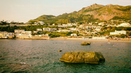 Rocks over the water in Citara, Ischia. View from a drone.
