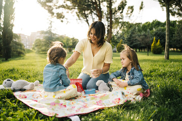 Cheerful mother and kids having picnic in park