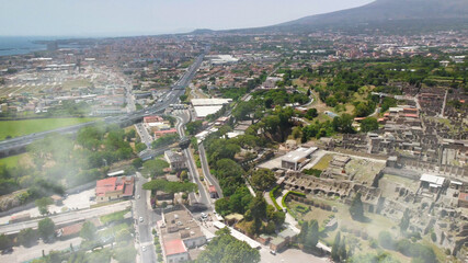 Pompei, Italy. Aerial view of old city from a drone viewpoint in summer season.