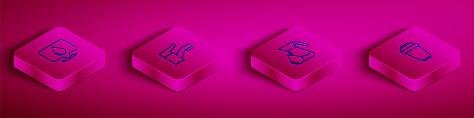 Set Isometric line Water drop with location, tap, Jug glass water and filter cartridge icon. Vector