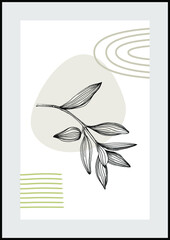 Olives art floral posters in trendy colors. Abstract hand drawing flowers and geometric elements and strokes, leaves and flower. 