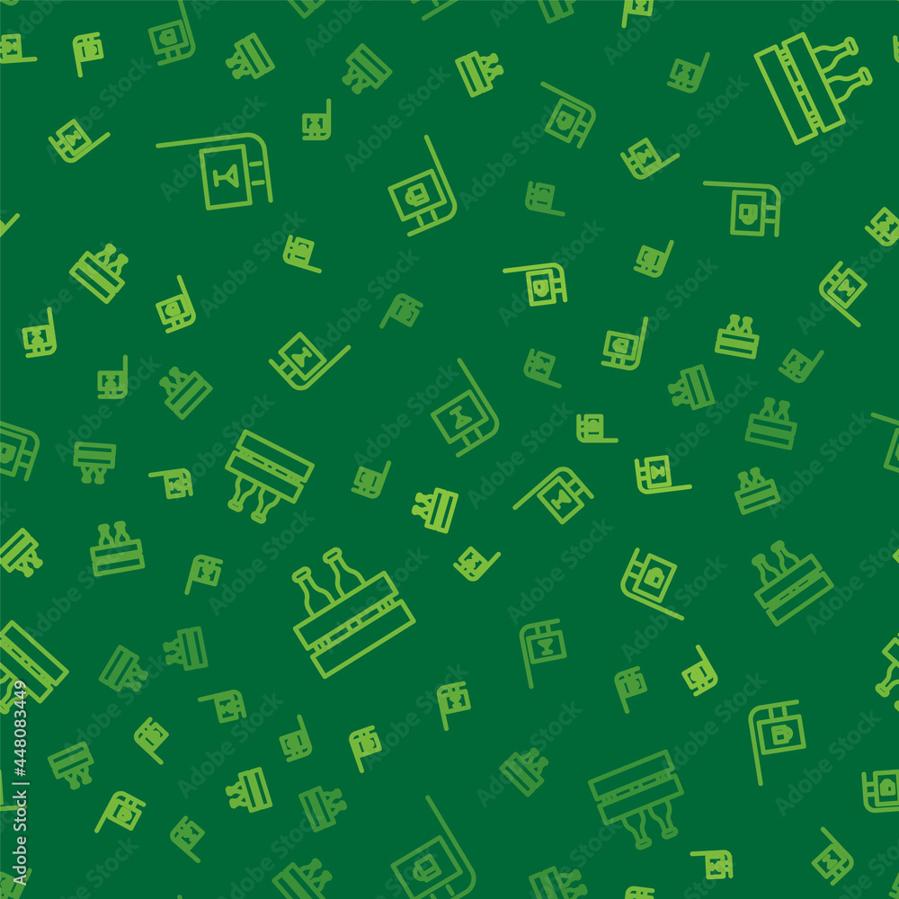 Poster Set line Street signboard with Bar, Pack of beer bottles and on seamless pattern. Vector