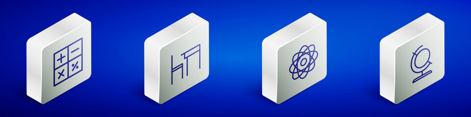 Set Isometric line Calculator, School table and chair, Atom and Earth globe icon. Vector