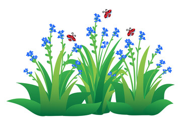 Cute ladybirds flying on flowers and grass, isolated cartoon vector illustration