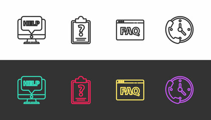 Set line Computer monitor and help, Clipboard with question marks, Browser FAQ and Telephone 24 hours support on black and white. Vector