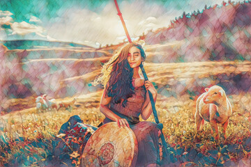 beautiful shamanic girl playing on shaman frame drum in the nature and mosaic structure