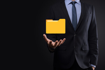 Businessman hold folder icon.Document Management System or DMS setup by IT consultant with modern...