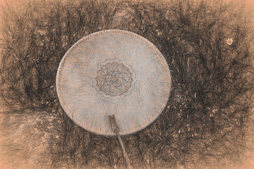 shamanic drum in nature, shamanic drum made of deer goat.