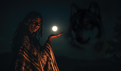 beautiful woman and wolf at the moon. © jozefklopacka