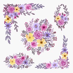 Collection of floral decoration arrangement watercolor illustration for wedding invitation