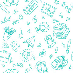 Back to school vector seamless pattern. Carelessly drawn attributes of schoolchildren on a white background.