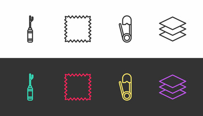 Set line Awl tool, Leather, Safety pin and Layers clothing textile on black and white. Vector
