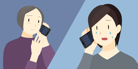 泣いている人物と高齢の人物が電話をしているイラスト