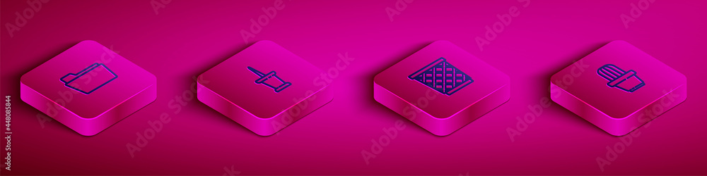 Poster set isometric line document folder, push pin, trash can and cactus and succulent pot icon. vector