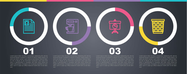 Set line Resume, Coffee machine, Chalkboard with diagram and Trash can. Business infographic template. Vector