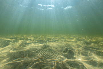 Transparent sea water with sandy bottom and sun underwater rays. Baltic sea.