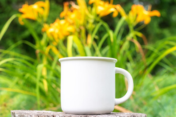 Mug mockup with bokeh green nature. Farmhouse rustic style. White coffee cup mock up. Blank mug printing design template.