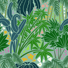 Tropical forest with palms and flowers in a minimalist style. Floral Seamless Pattern