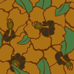 Tropical hibiscus flowers drawn in a minimalistic style. Floral Seamless Pattern