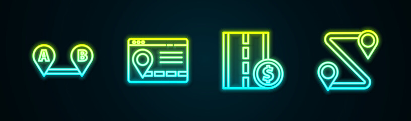 Set line Route location, Infographic of city map navigation, Toll road traffic sign and . Glowing neon icon. Vector