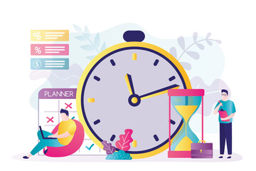 Male characters planning a schedule. Businessman writes to-do list into planner. Concept of time management and self-discipline