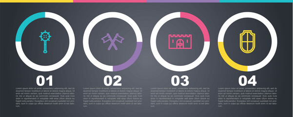 Set line Medieval chained mace ball, Crossed medieval flag, castle gate and Shield. Business infographic template. Vector