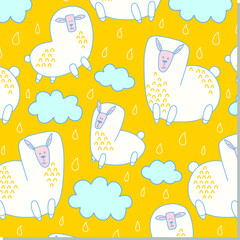 Seamless pattern with llama, clouds and hand drawn elements. Creative childish texture. Great for fabric, textile Vector Illustration.