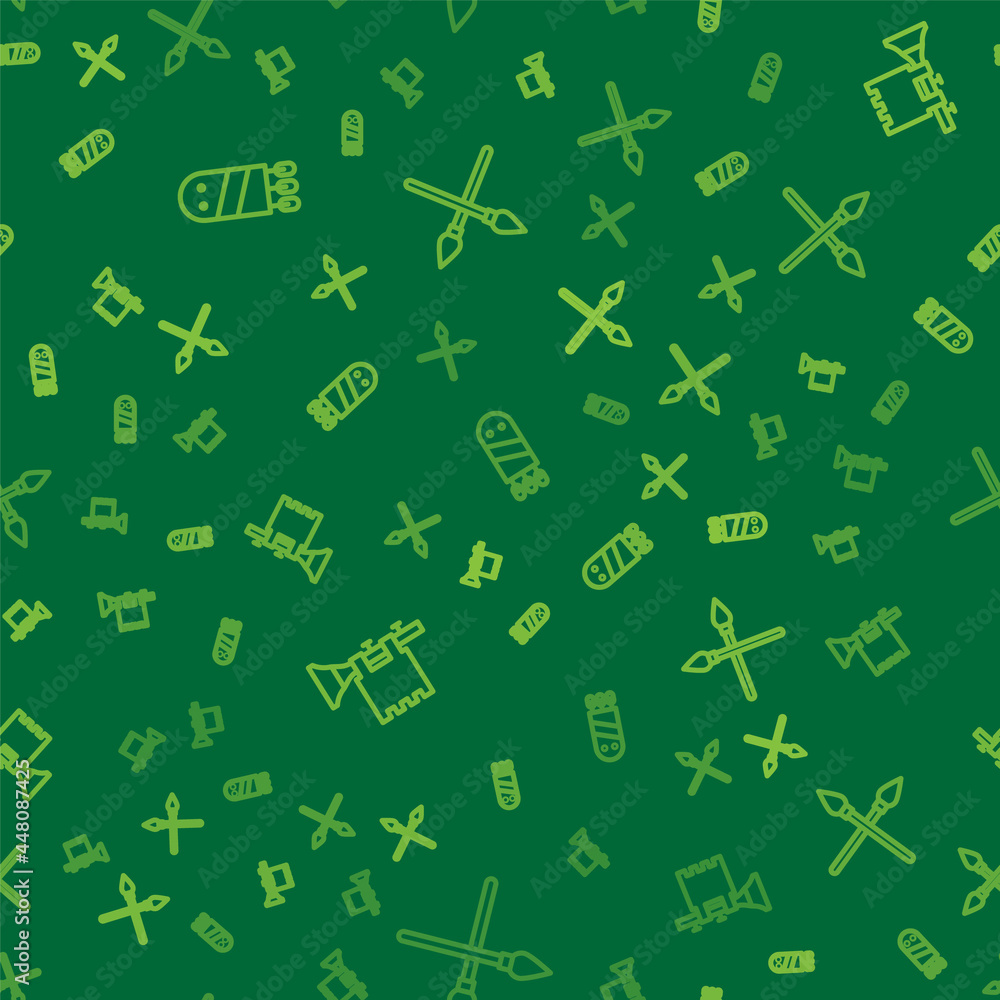 Poster set line quiver with arrows, trumpet flag and crossed medieval spears on seamless pattern. vector