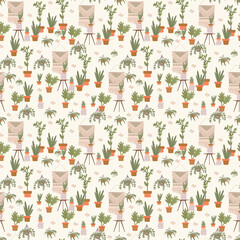 Pattern with plants for Yoga classes. Relaxation room background for textiles. Beautiful Boha background with nature. Vector illustration