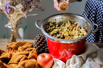 Autumn composition. Preparation to bake an apple pie. Cosy concept.