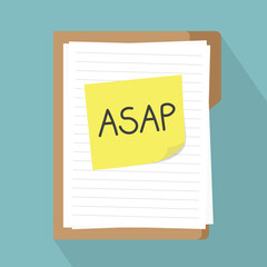 ASAP (As Soon As Possible) written on yellow sticky note on file folder with documents - vector illustration