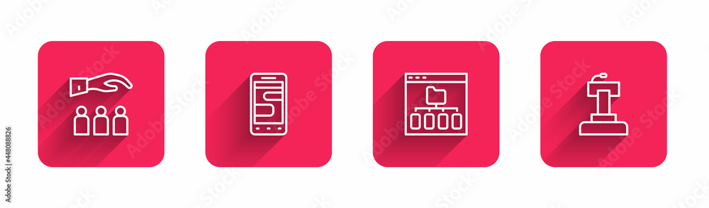 Poster set line boss with employee, chat messages on phone, browser files and stage stand or tribune with l