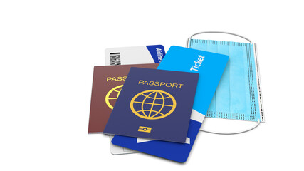 Passport documents travel with airplane boarding pass and with protection face mask isolated on the white background. Tourist kit for the entire duration of the quarantine covid-19 illustration.