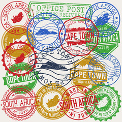 Fototapeta premium Cape Town, South Africa Set of Stamps. Travel Stamp. Made In Product. Design Seals Old Style Insignia.